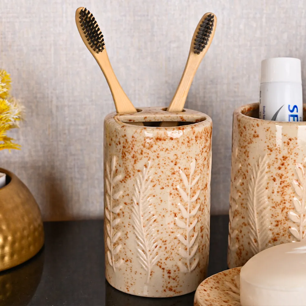 Designer Textured Premium Quality Ceramic Beige Bathroom Set of 4 (Soap Dispenser, Soap Dish, Toothbrush Holder & Tumbler)