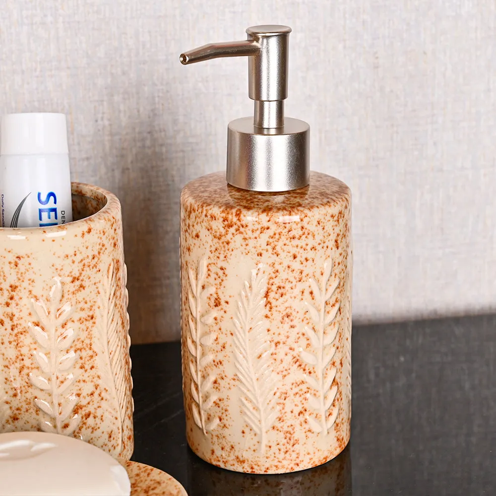 Designer Textured Premium Quality Ceramic Beige Bathroom Set of 4 (Soap Dispenser, Soap Dish, Toothbrush Holder & Tumbler)
