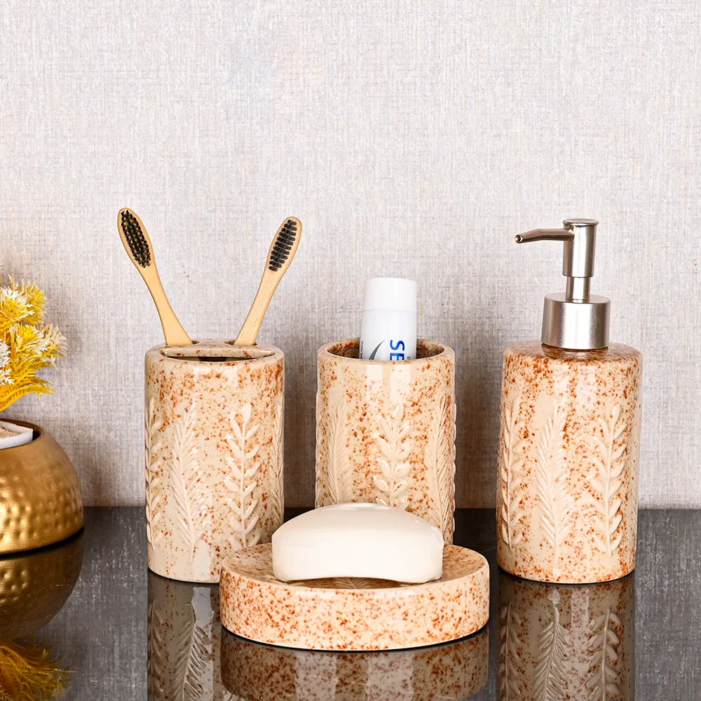 Designer Textured Premium Quality Ceramic Beige Bathroom Set of 4 (Soap Dispenser, Soap Dish, Toothbrush Holder & Tumbler)