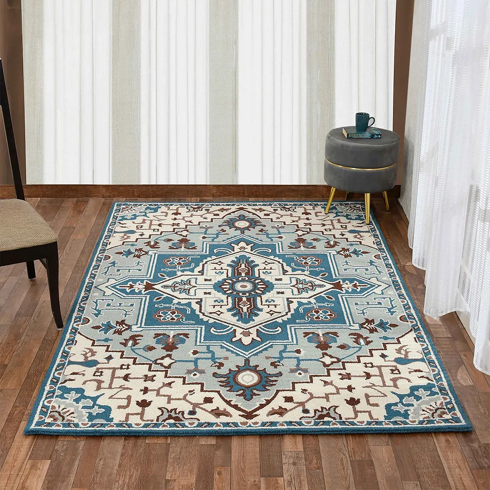 Designer Traditional Print Blue Coloured Hand Tufted Wool Carpet for Living Room 4X6