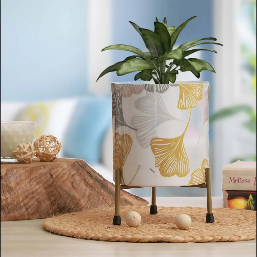 Designer White & Gold Table Top Meena Metal Pot with Stand