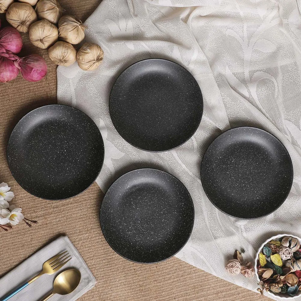 Designer White Spotted Matte Black Ceramic Side Plates Set Of 4