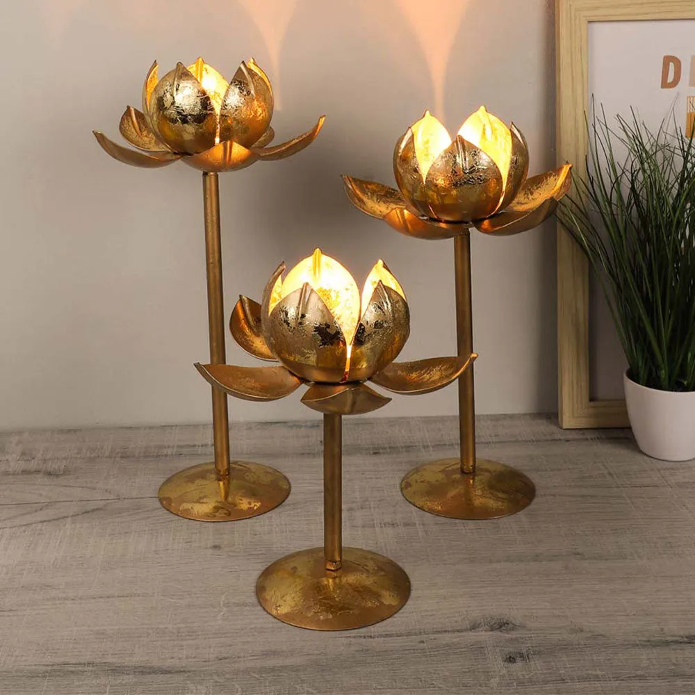 Detachable Golden Lotus Metal Tea Light Candle Holders Set Of 3