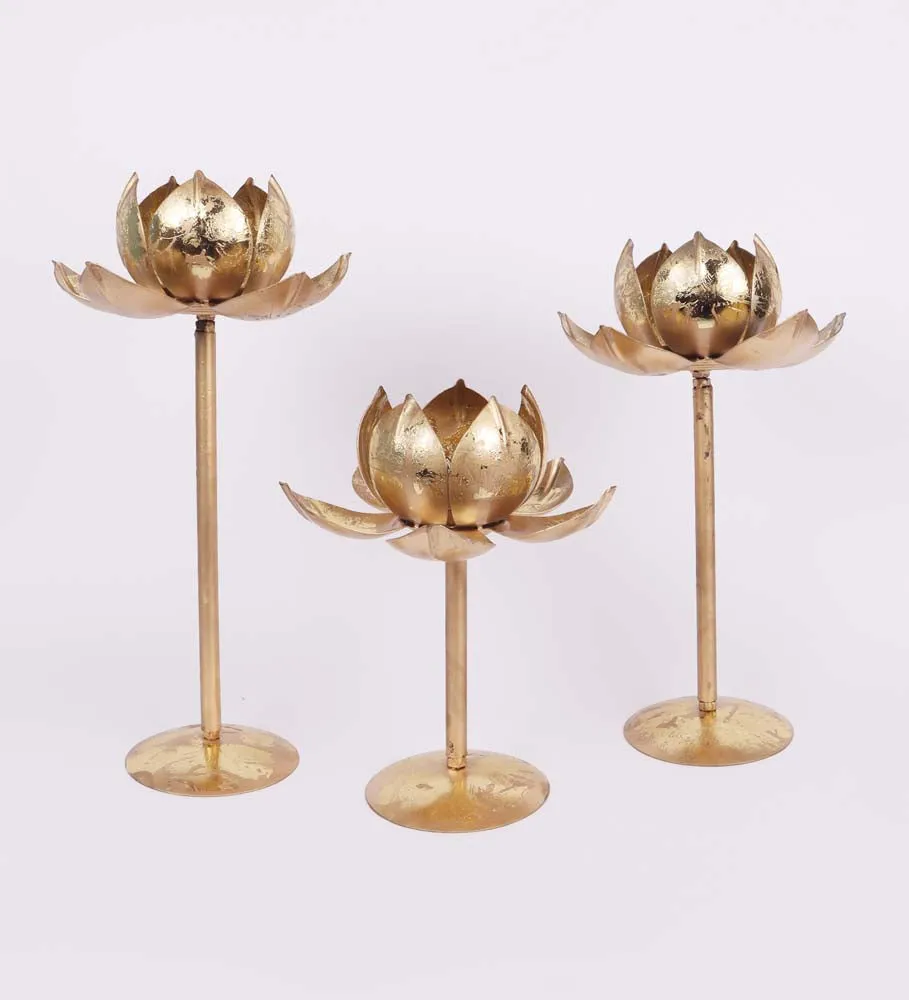 Detachable Golden Lotus Metal Tea Light Candle Holders Set Of 3