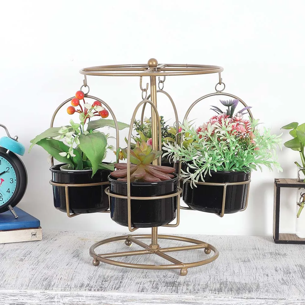 Detachable Swinging Black & Golden Metal Planter Stand