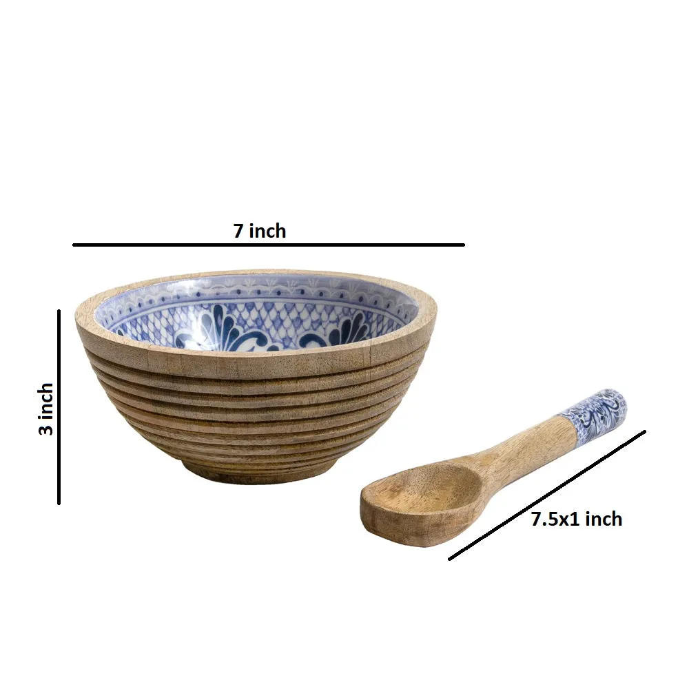 Detailed Designer Blue & White Wooden Bowl With Spoon