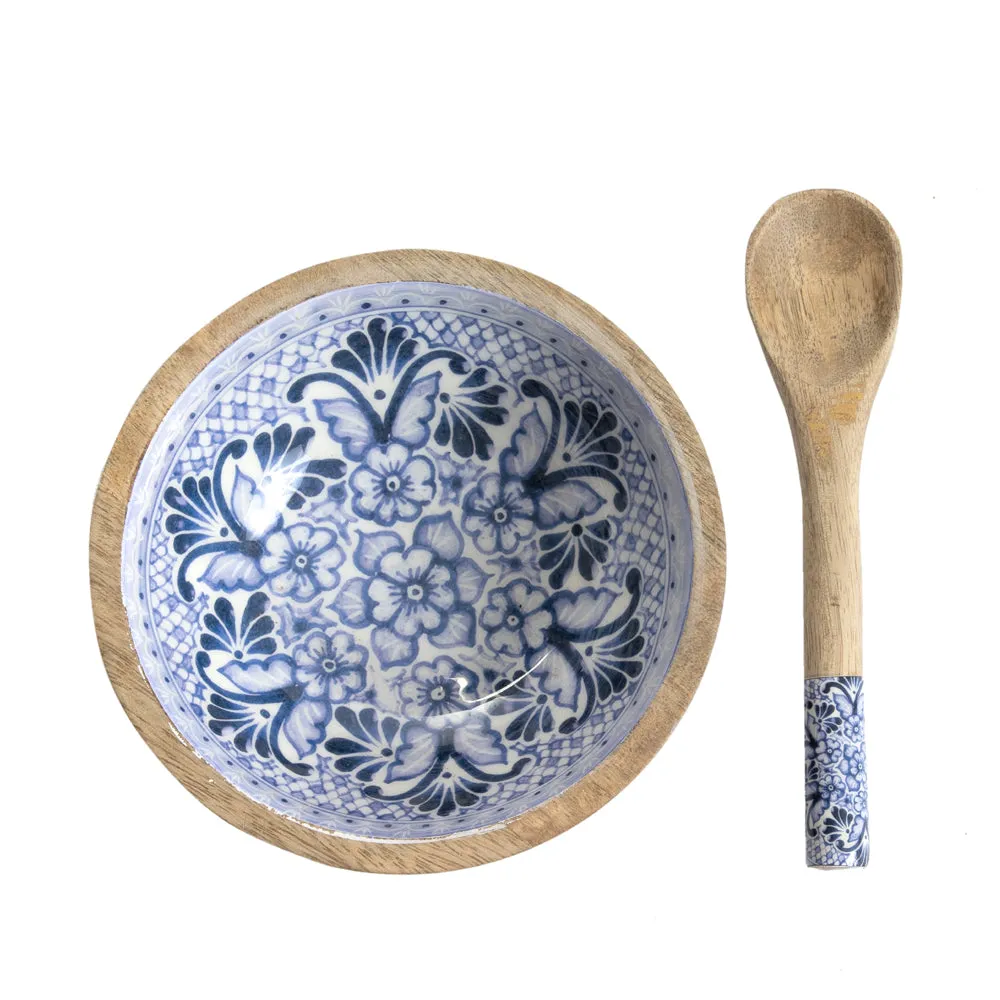 Detailed Designer Blue & White Wooden Bowl With Spoon