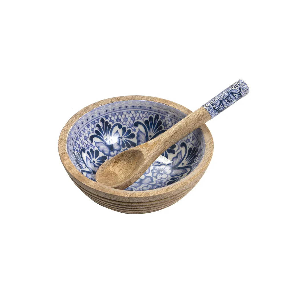 Detailed Designer Blue & White Wooden Bowl With Spoon