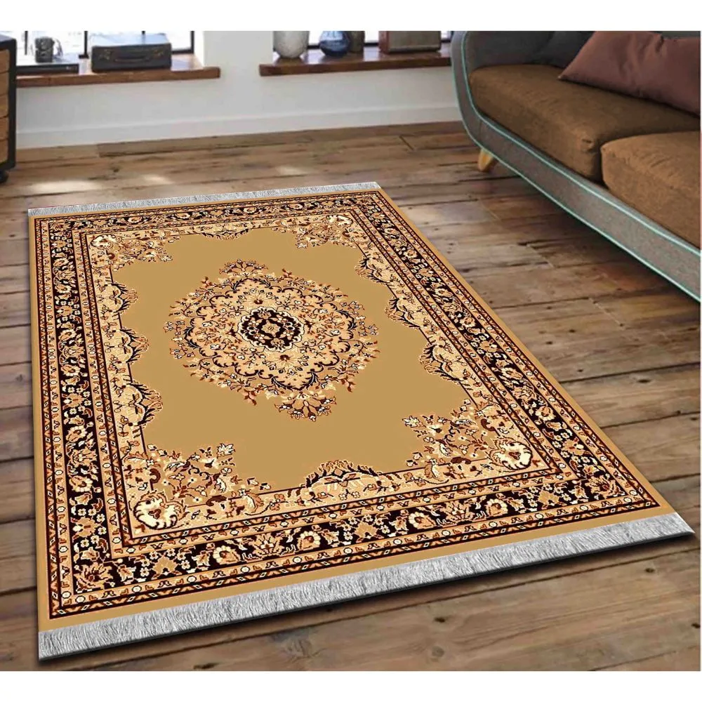 Detailed Moorish Designer Golden Polyester Area Carpet 3X5ft