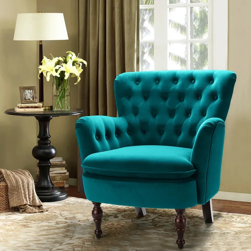 Detailed Tufted Super Comfy Emerald Velvet Lounge Chair Single Piece
