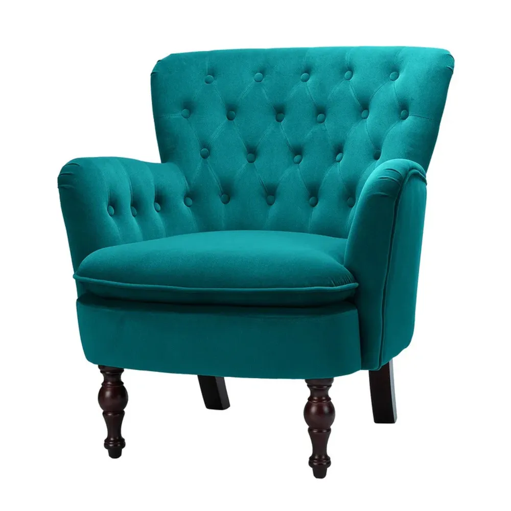 Detailed Tufted Super Comfy Emerald Velvet Lounge Chair Single Piece