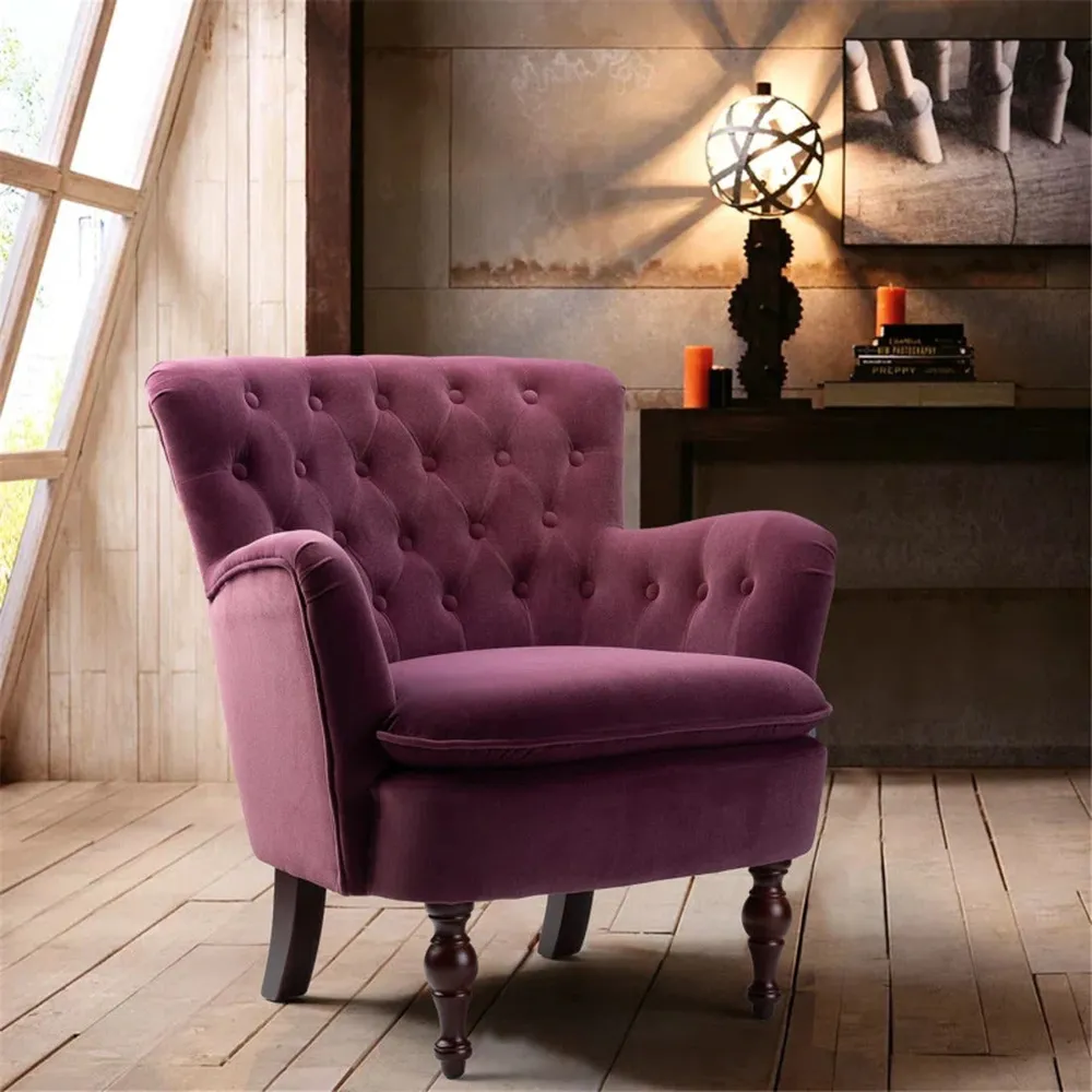 Detailed Tufted Super Comfy Magenta Velvet Lounge Chair Single Piece
