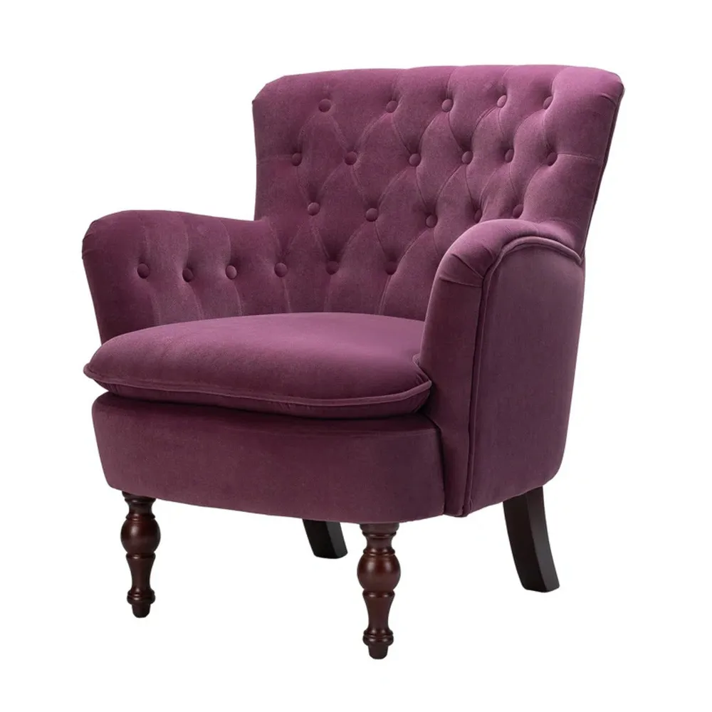 Detailed Tufted Super Comfy Magenta Velvet Lounge Chair Single Piece