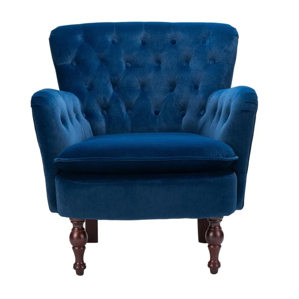 Detailed Tufted Super Comfy Navy Blue Velvet Lounge Chair Single Piece