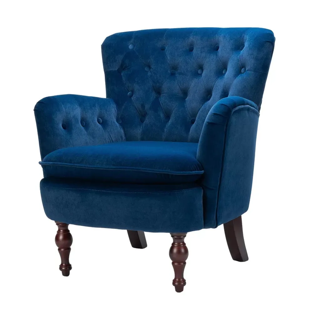 Detailed Tufted Super Comfy Navy Blue Velvet Lounge Chair Single Piece