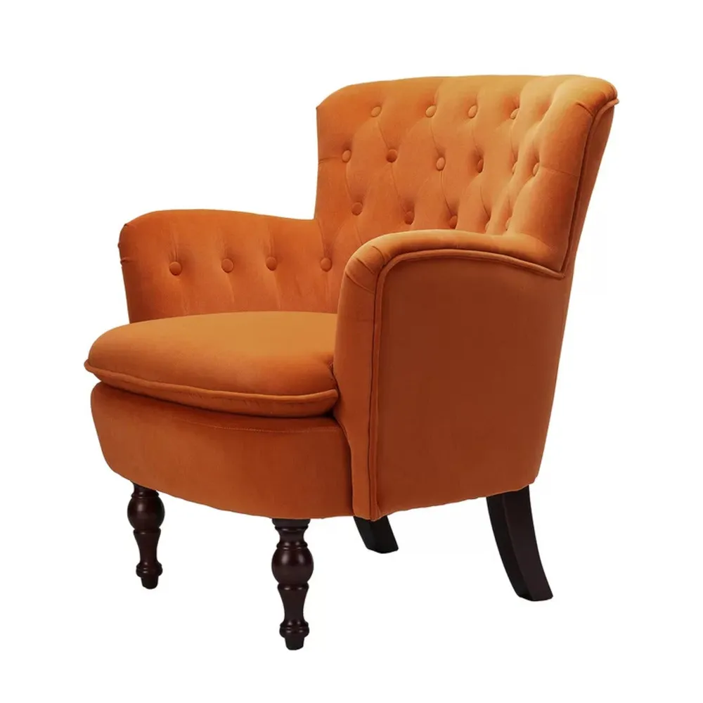 Detailed Tufted Super Comfy Orange Velvet Lounge Chair Single Piece