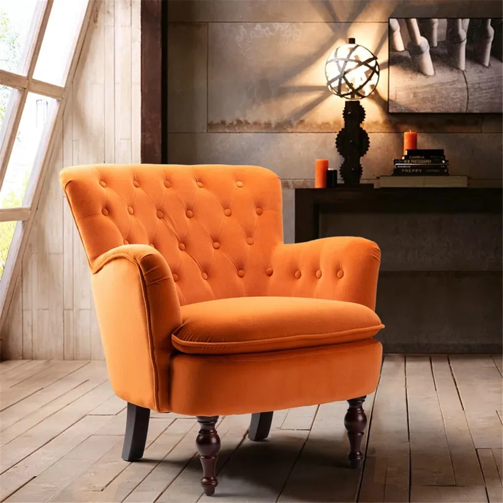 Detailed Tufted Super Comfy Orange Velvet Lounge Chair Single Piece