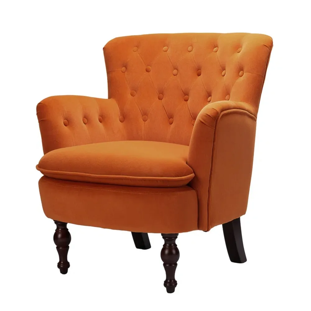 Detailed Tufted Super Comfy Orange Velvet Lounge Chair Single Piece