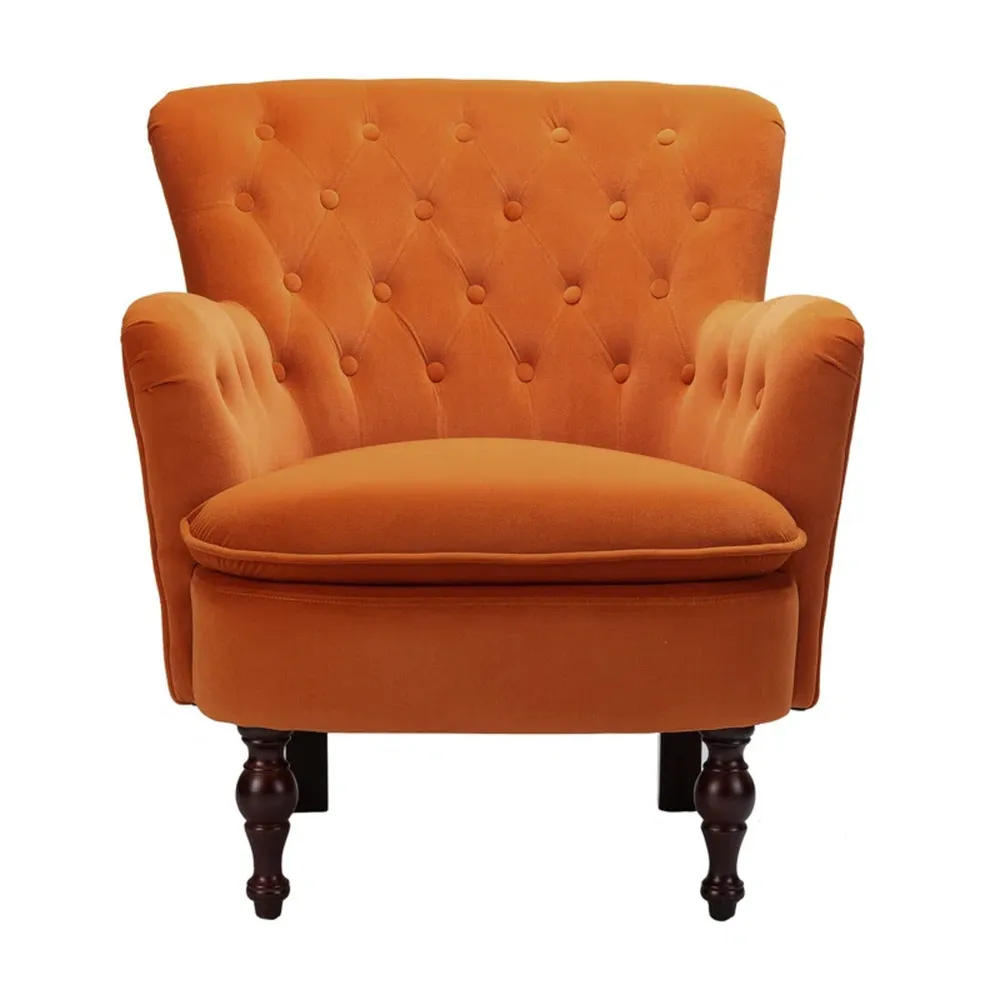 Detailed Tufted Super Comfy Orange Velvet Lounge Chair Single Piece