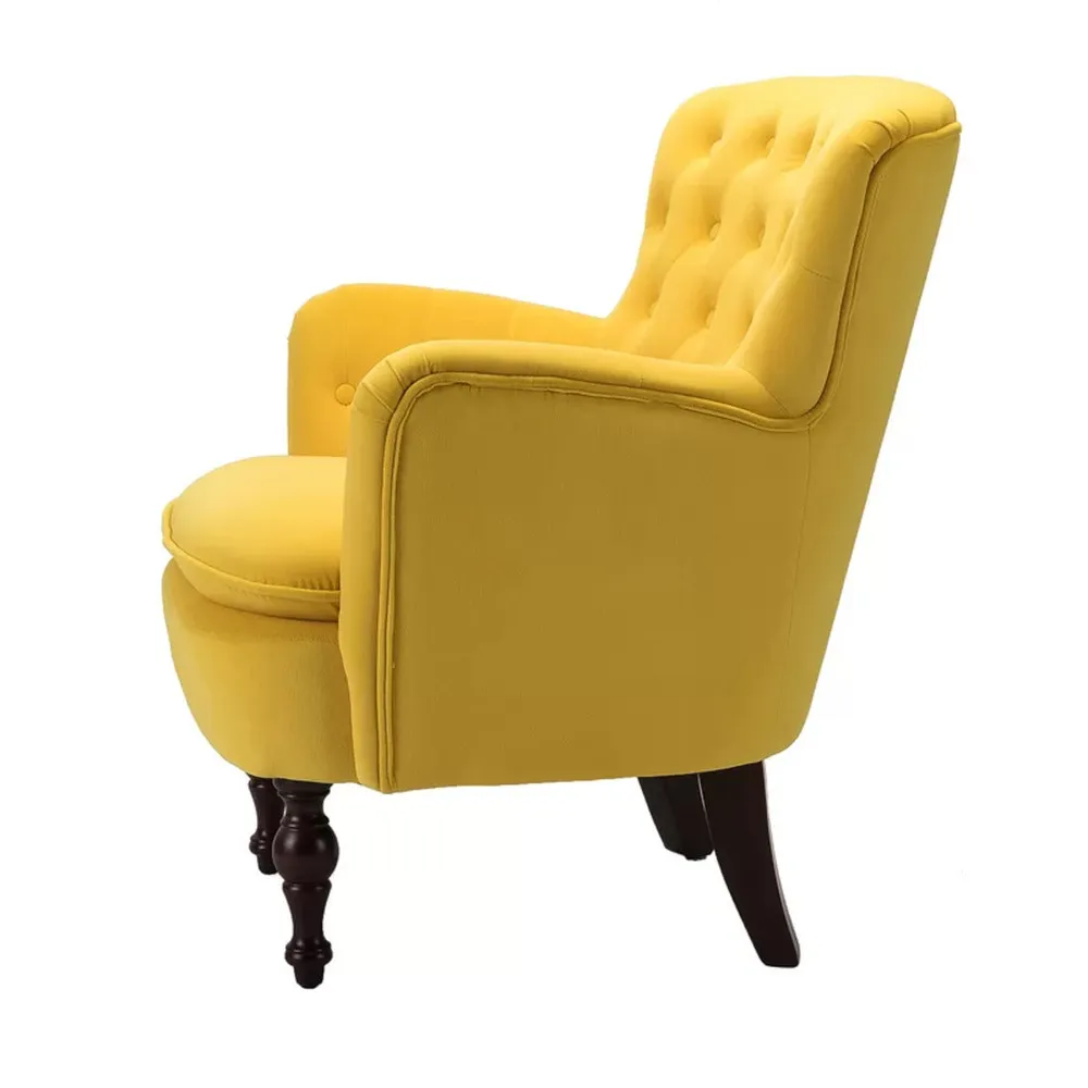 Detailed Tufted Super Comfy Yellow Velvet Lounge Chair Single Piece