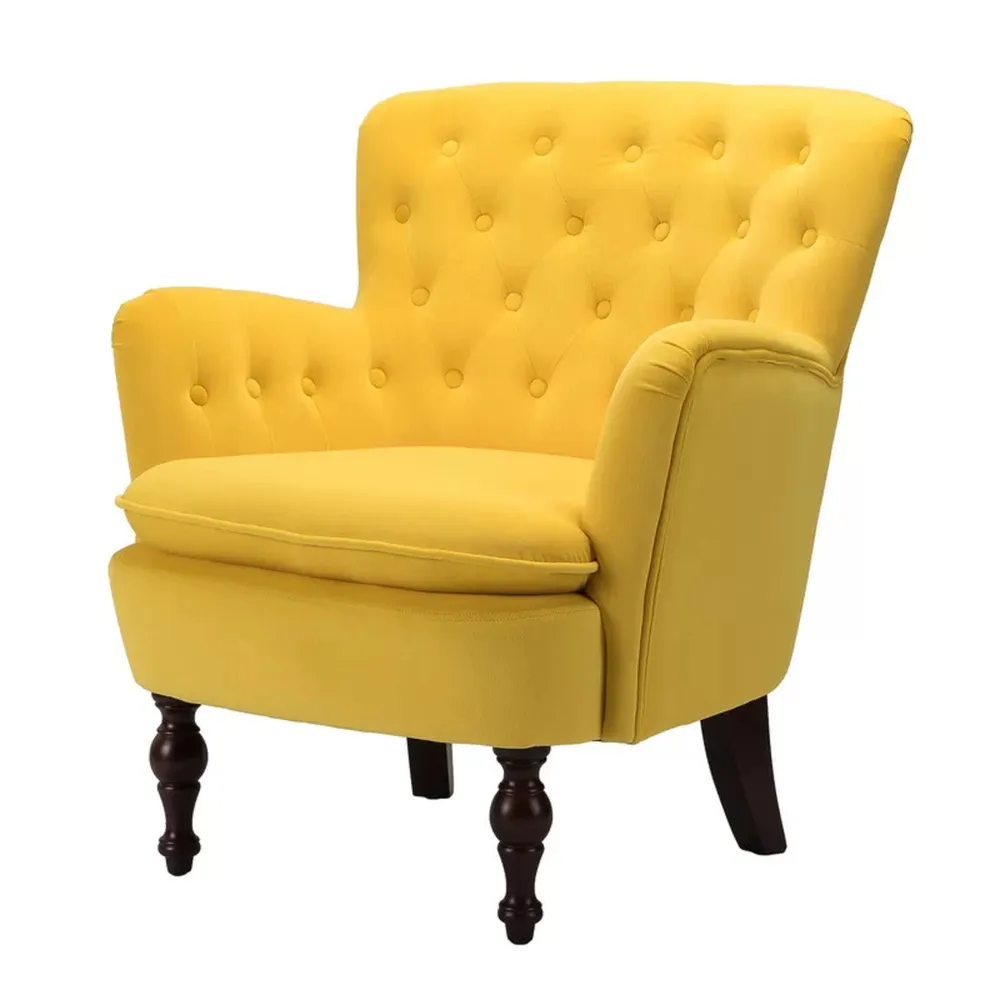 Detailed Tufted Super Comfy Yellow Velvet Lounge Chair Single Piece