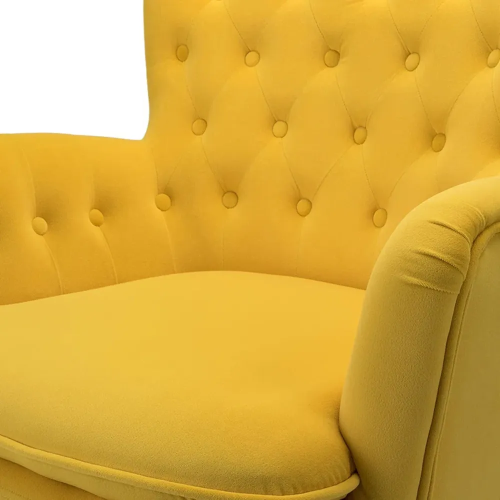 Detailed Tufted Super Comfy Yellow Velvet Lounge Chair Single Piece