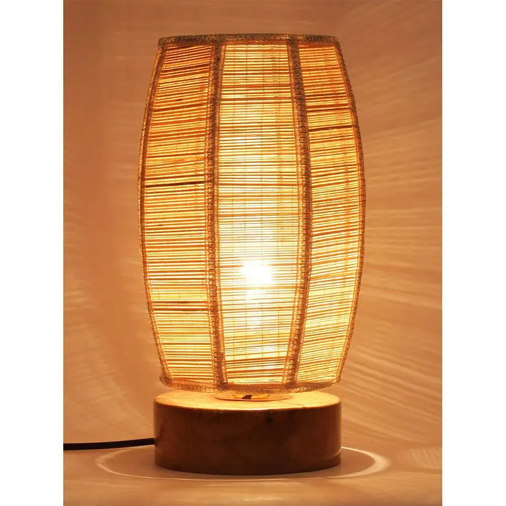 Dholak Bamboo Shade with Round Wood Base Table Lamp