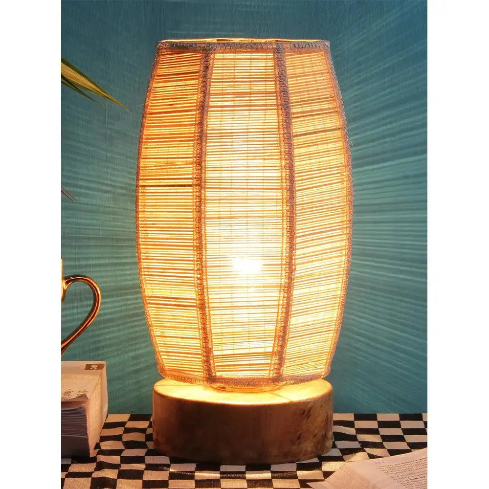 Dholak Bamboo Shade with Round Wood Base Table Lamp