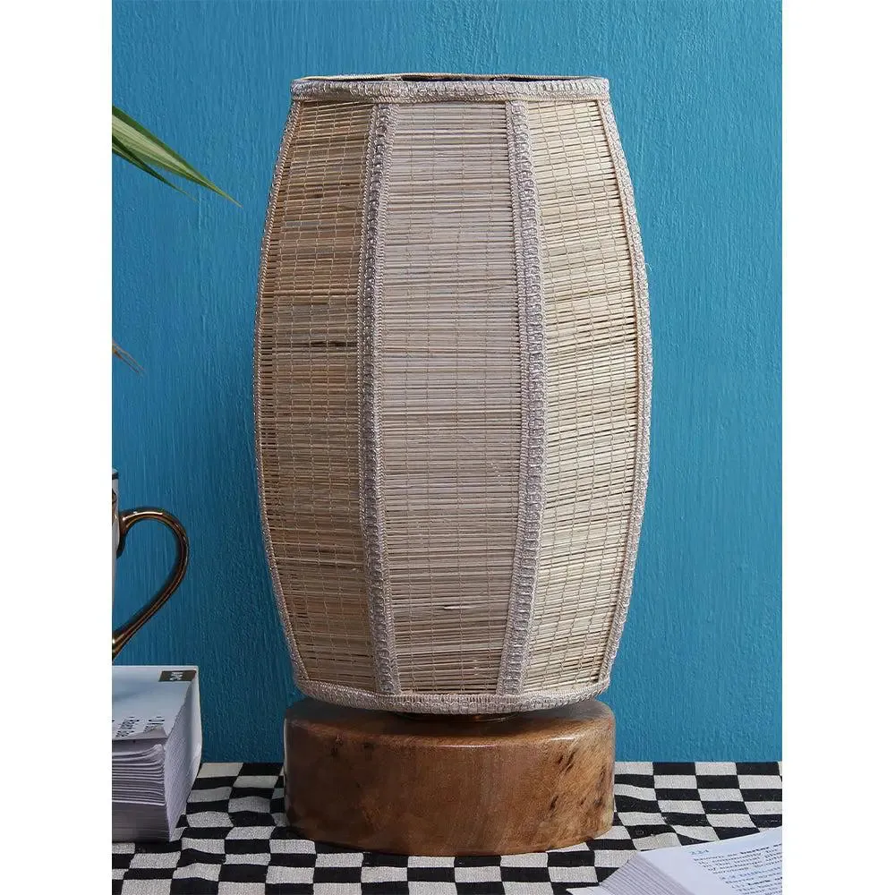 Dholak Bamboo Shade with Round Wood Base Table Lamp
