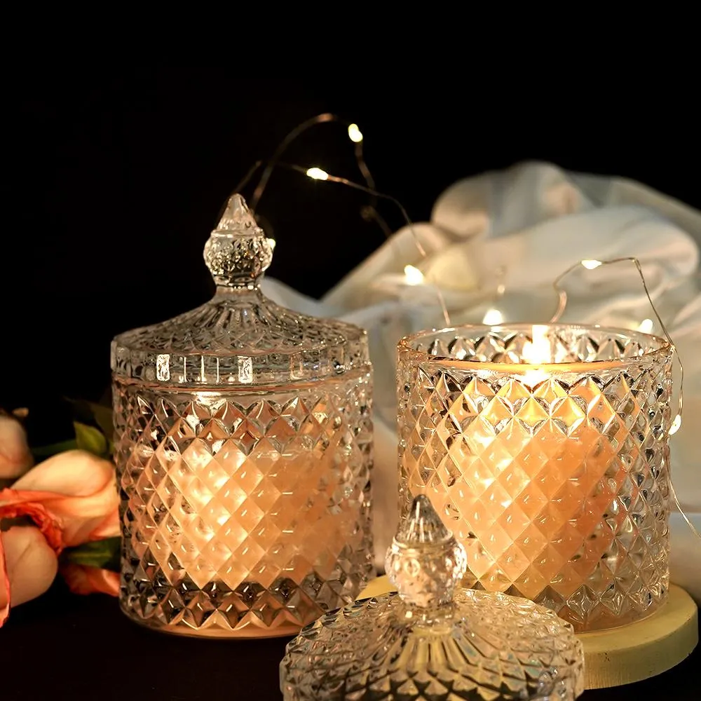 Diamond Cut Clear Glass Scented Candle Jars / Candle Holders Set Of 2