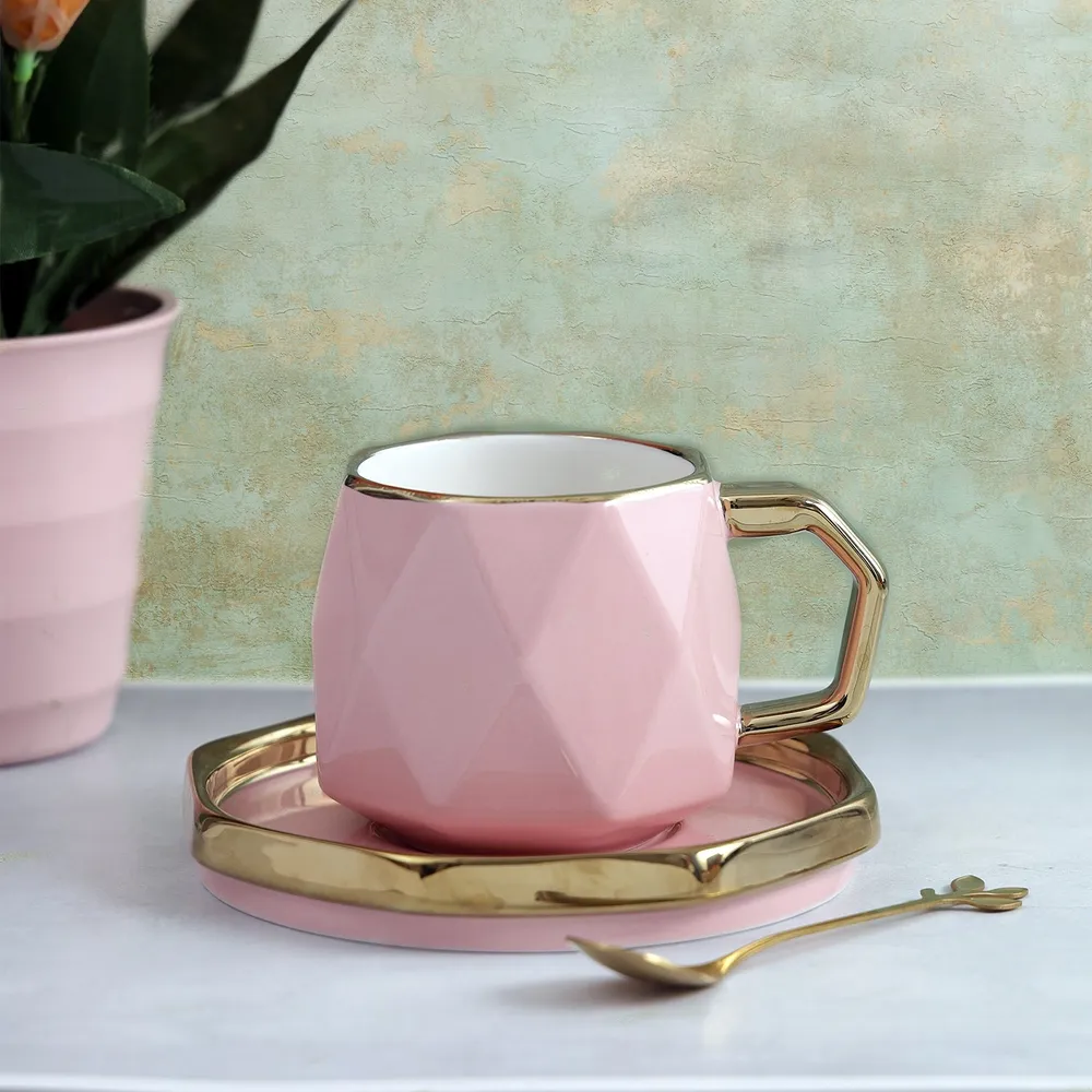 Diamond Cut Polished Baby Pink Vintage Cup & Saucer Set
