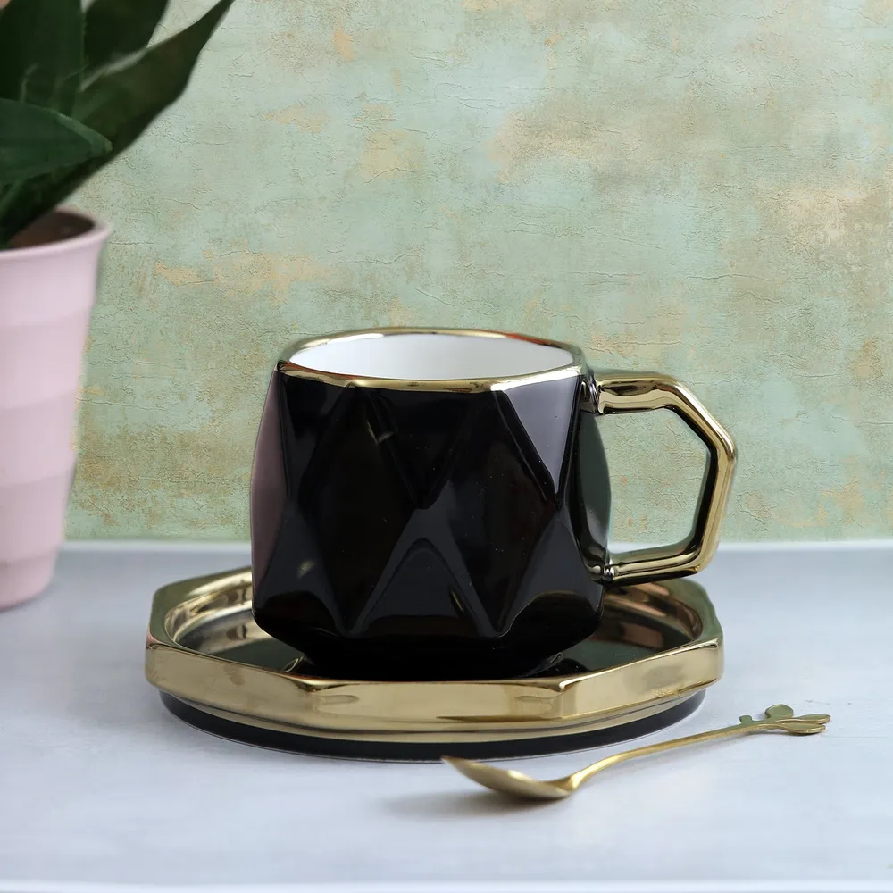 Diamond Cut Polished Black Vintage Cup & Saucer Set