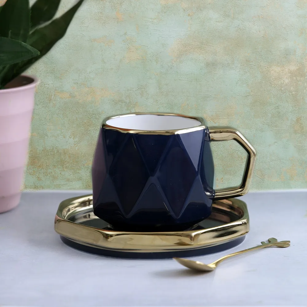 Diamond Cut Polished Blue Vintage Cup & Saucer Set