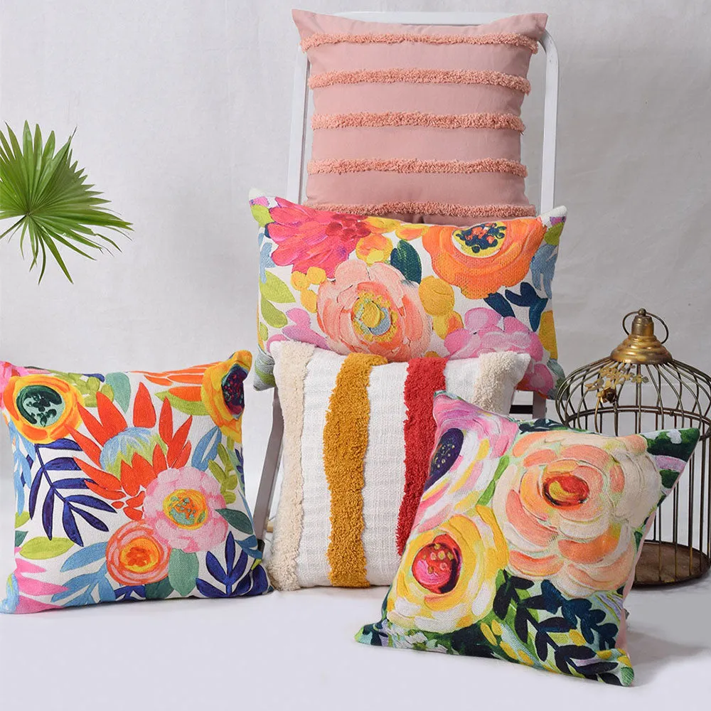 Digital Miracle Garden Printed and Tufted Rectangle, Square 100% Cotton Cushion Covers Set Of 5