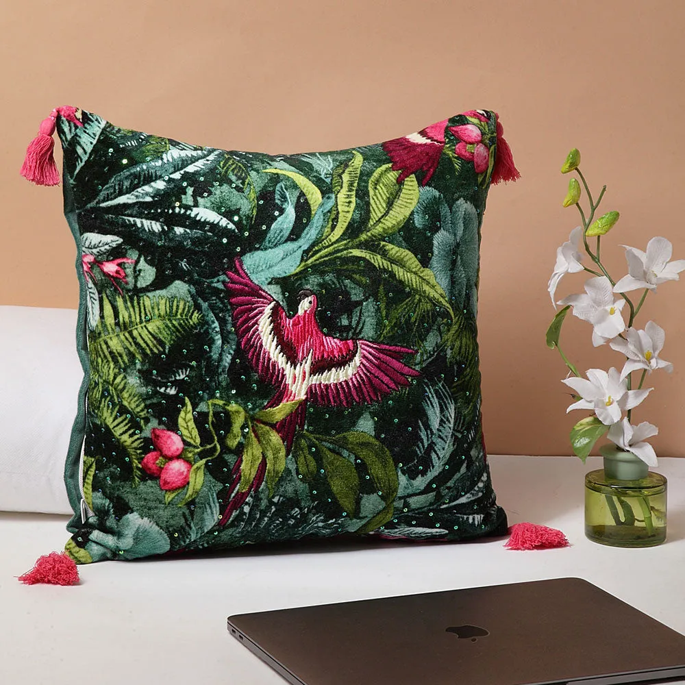 Digitally Printed Square Velvet Bottle Green Embroidered Cushion Cover With Tassels Set Of 1