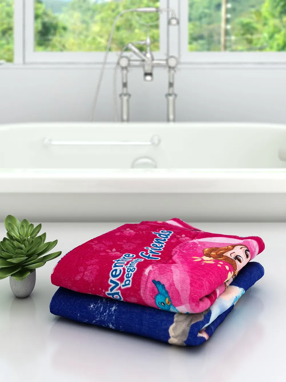 Disney "Adventure Begins With Friends" Princess & Frozen Elsa Kids Cotton Bath Towels Set Of 2