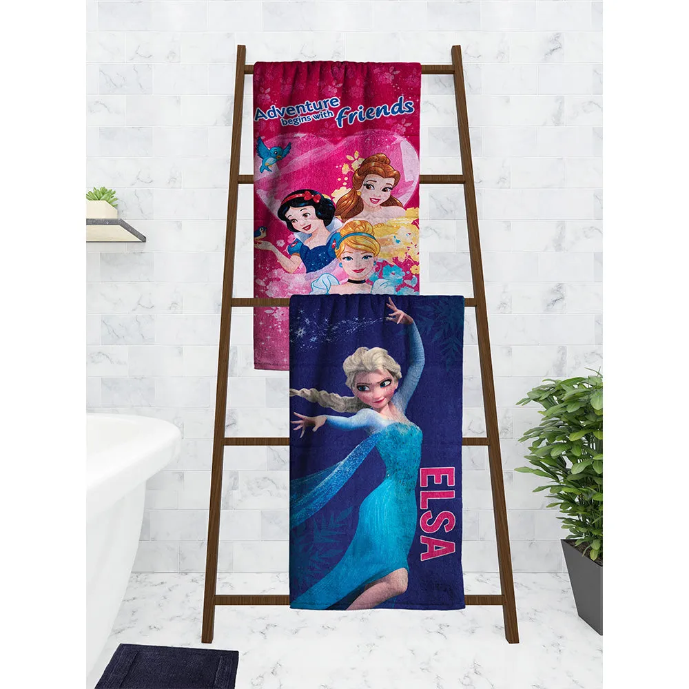 Disney "Adventure Begins With Friends" Princess & Frozen Elsa Kids Cotton Bath Towels Set Of 2