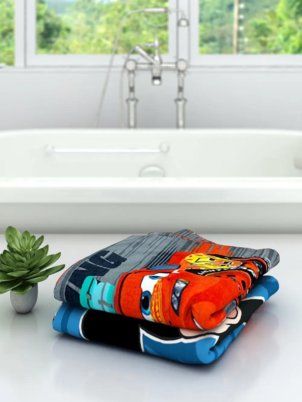 Disney Blue Mickey Mouse & Cars Kids Cotton Bath Towels Set Of 2