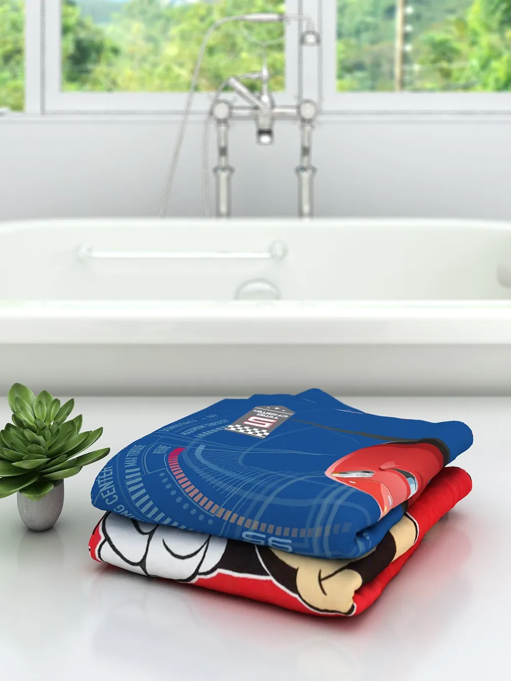 Disney Red Mickey Mouse & MCQueen Blue Cars Kids Cotton Bath Towels Set oF 2