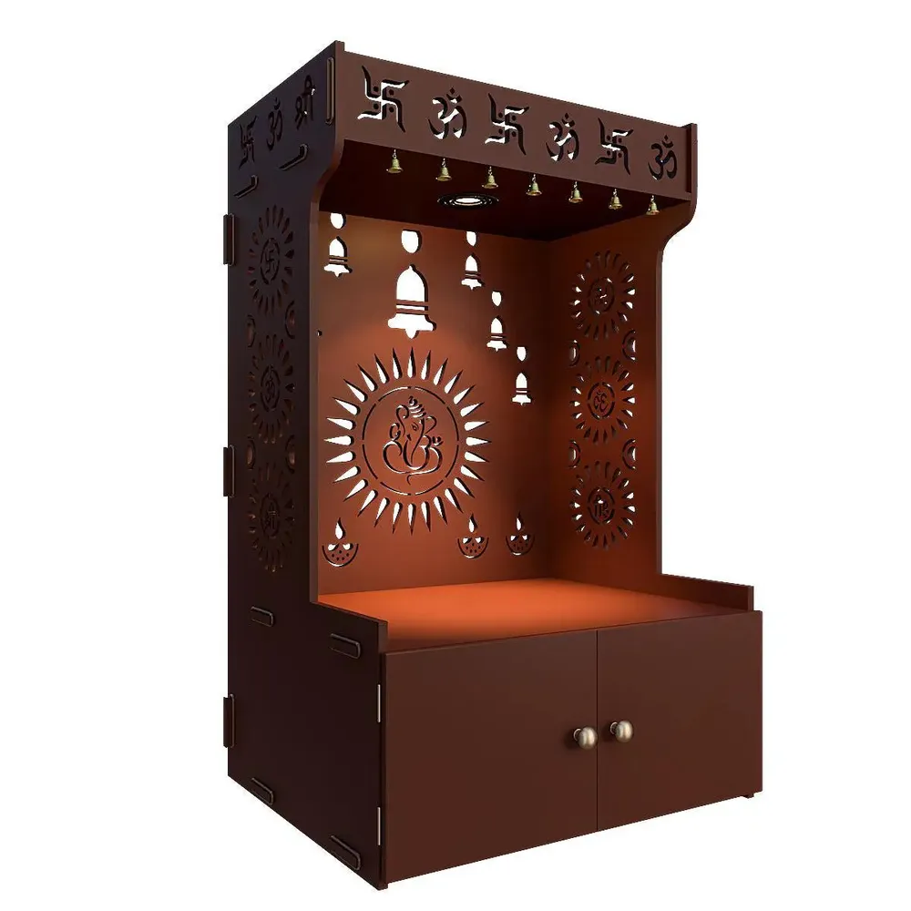 Divine Wooden Brown Home Temple With Spacious Shelf &amp; Inbuilt Focus Light