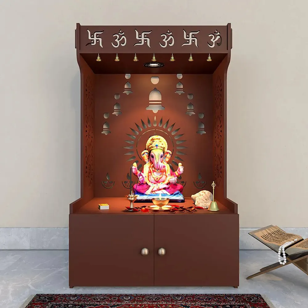 Divine Wooden Brown Home Temple With Spacious Shelf &amp; Inbuilt Focus Light