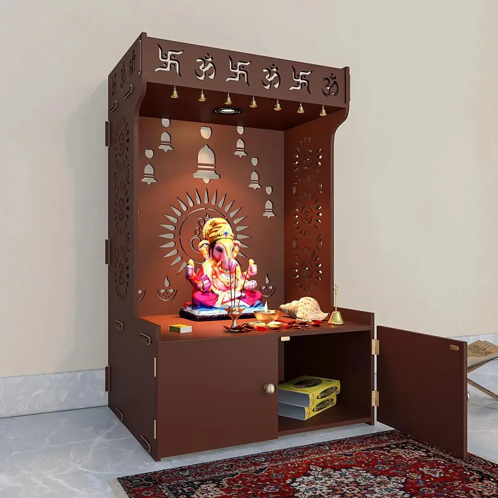 Divine Wooden Brown Home Temple With Spacious Shelf &amp; Inbuilt Focus Light