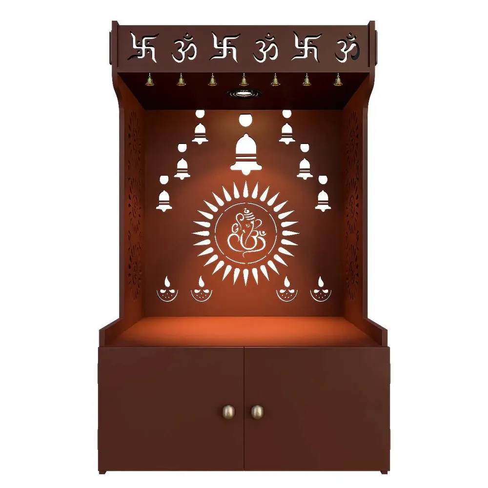 Divine Wooden Brown Home Temple With Spacious Shelf &amp; Inbuilt Focus Light