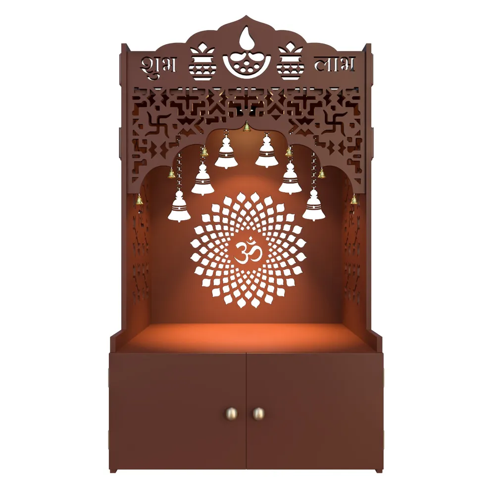 Divine Wooden Floor Temple with Spacious Shelf &amp; Inbuilt Focus Light- Brown