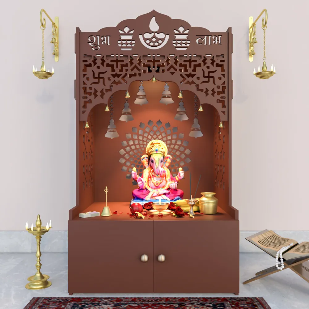 Divine Wooden Floor Temple with Spacious Shelf &amp; Inbuilt Focus Light- Brown