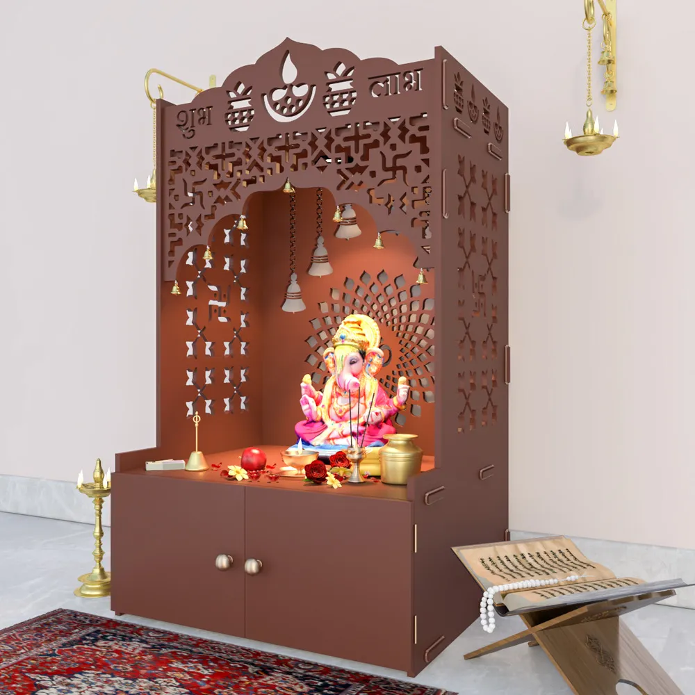 Divine Wooden Floor Temple with Spacious Shelf &amp; Inbuilt Focus Light- Brown