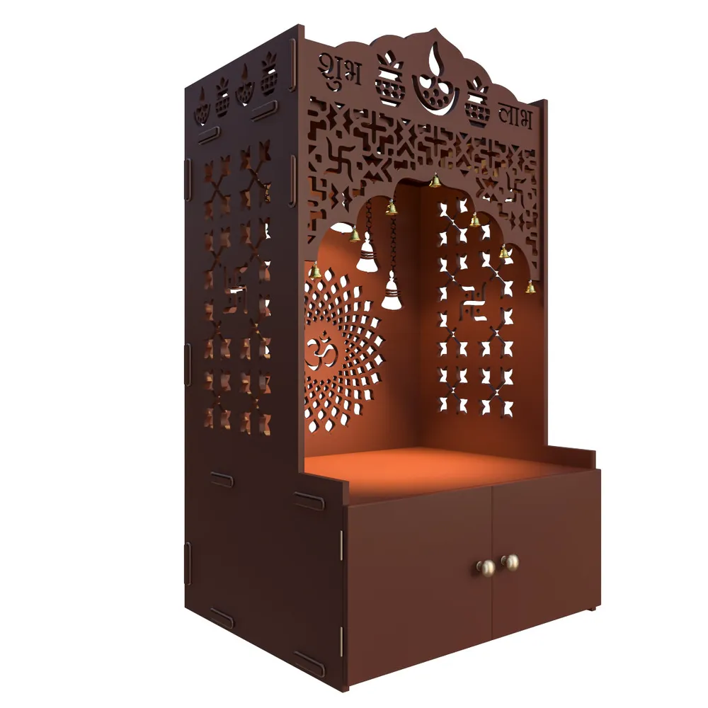 Divine Wooden Floor Temple with Spacious Shelf &amp; Inbuilt Focus Light- Brown