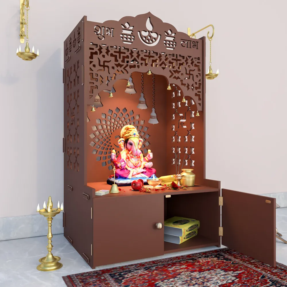 Divine Wooden Floor Temple with Spacious Shelf &amp; Inbuilt Focus Light- Brown