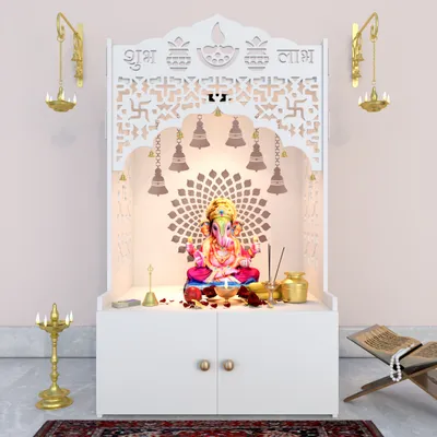 Divine Wooden Floor Temple with Spacious Shelf &amp; Inbuilt Focus Light- White