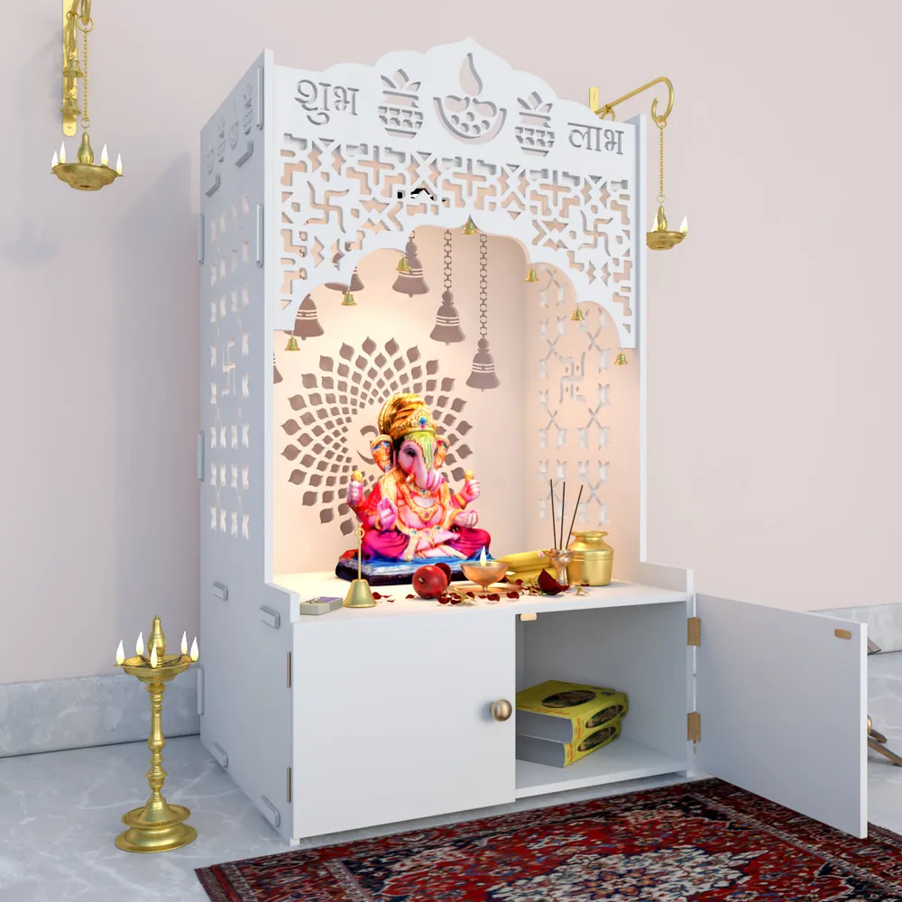 Divine Wooden Floor Temple with Spacious Shelf &amp; Inbuilt Focus Light- White